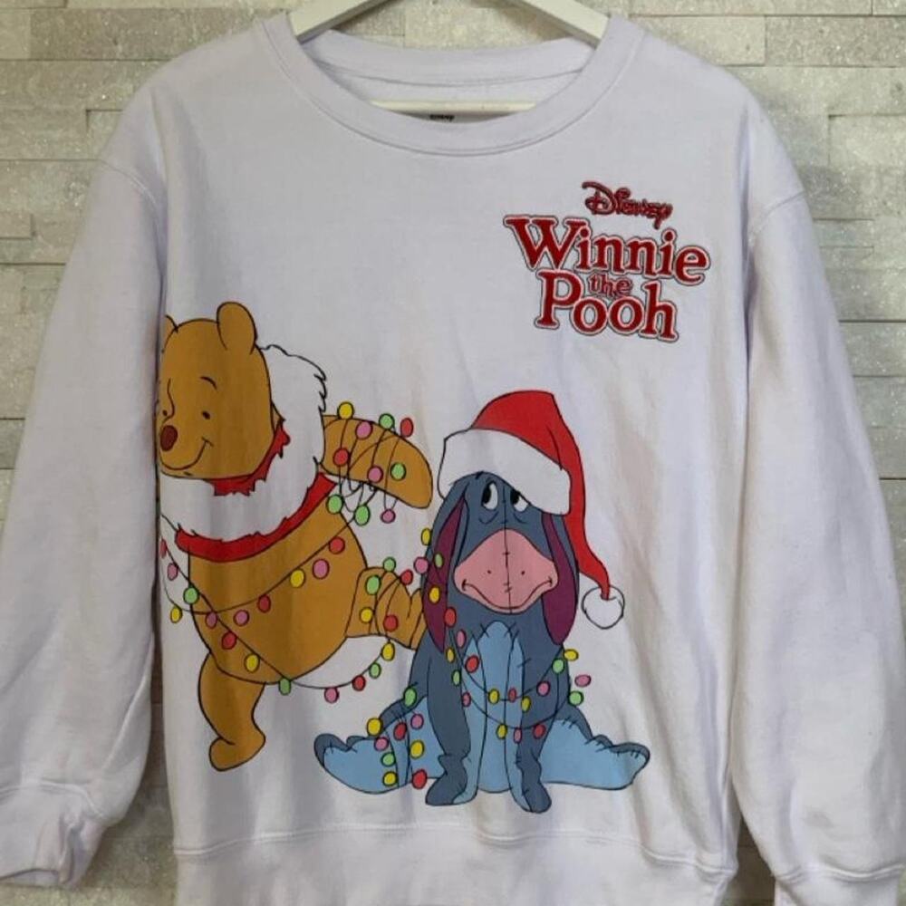 Winnie the Pooh Christmas Sweatshirt, Size S (4-6), White, Double Sided Graphic